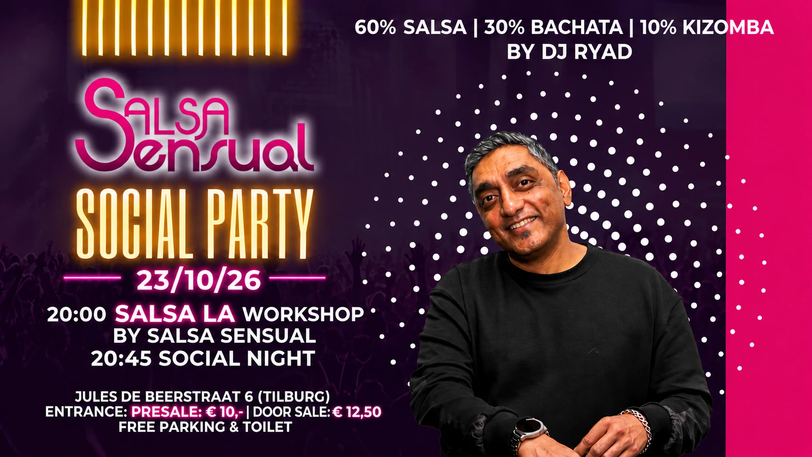 Flyer Salsa Sensual Social Party op vrijdag 23 oktober 2026 met DJ Ryad. Alle praktische informatie staat naast de flyer.